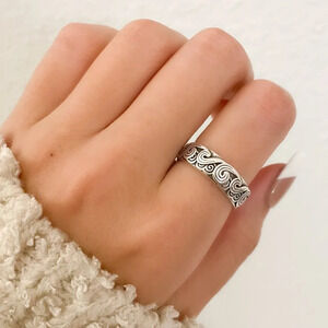 925 Sterling Silver Engraved Ring Minimalist Ring Wave Ring Stackable Ring Band